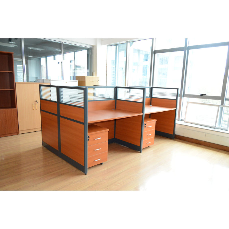 4-wayworkstation (Beech/Cherry) with aluminium partitions with Mobile - ML4W1270
